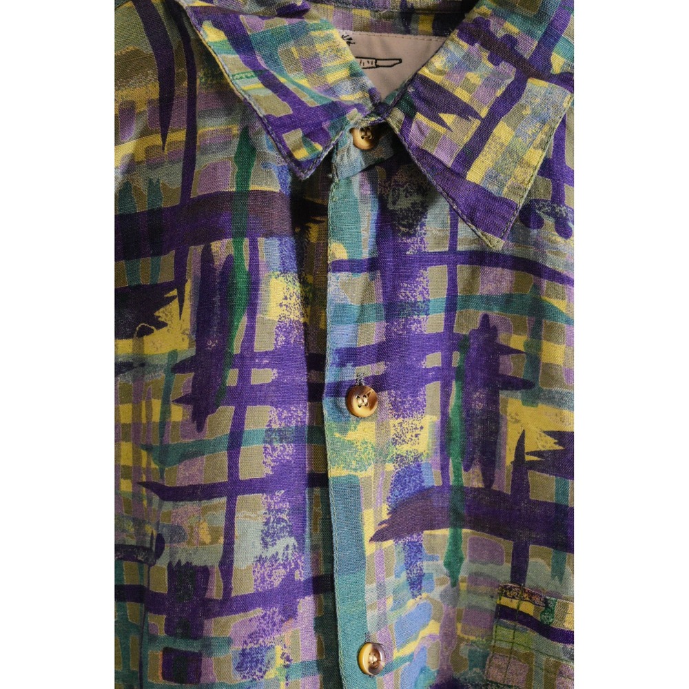 90s Vintage Abstract Print Button Down Shirt Mens S Purple Linen Cotton Relaxed - Picture 5 of 7